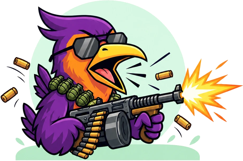 A purple bird in sunglasses squawking